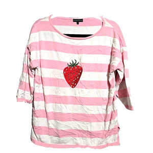 Bua Bua Pink Striped Rhinestone Strawberry Graphic Pullover Sweater Womans Large